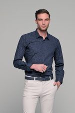 Μπλε navy ανδρικό πουκάμισο με γκρι print casual φθηνό καλοκαίρι και χειμώνας– Slim Fit