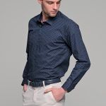Μπλε navy ανδρικό πουκάμισο με γκρι print casual φθηνό καλοκαίρι και χειμώνας– Slim Fit