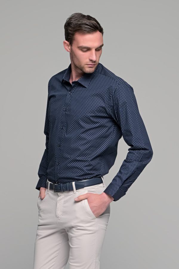 Μπλε navy ανδρικό πουκάμισο με γκρι print casual φθηνό καλοκαίρι και χειμώνας– Slim Fit