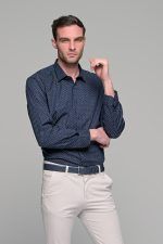 Μπλε navy ανδρικό πουκάμισο με γκρι print casual φθηνό καλοκαίρι και χειμώνας– Slim Fit