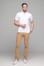 Πόλο ανδρικό μπλουζάκι λευκό MS με κοντό μανίκι και σχέδιο στο γιακά – Slim Fit