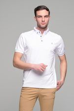 Πόλο ανδρικό μπλουζάκι λευκό MS με κοντό μανίκι και σχέδιο στο γιακά – Slim Fit