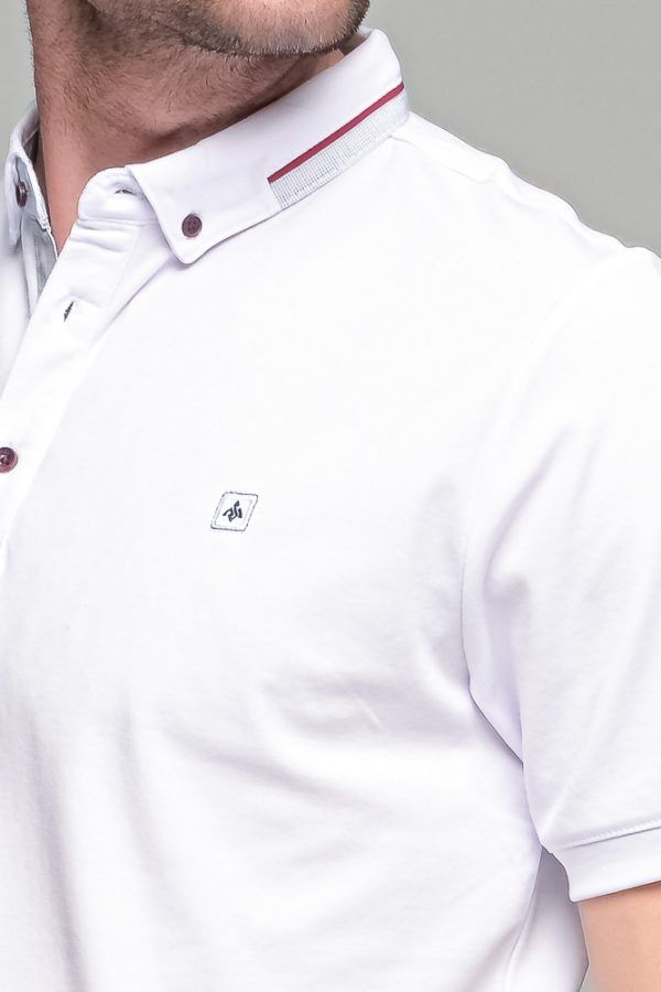 Πόλο ανδρικό μπλουζάκι λευκό MS με κοντό μανίκι και σχέδιο στο γιακά – Slim Fit