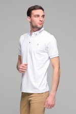 Πόλο ανδρικό μπλουζάκι λευκό MS με κοντό μανίκι και σχέδιο στο γιακά – Slim Fit