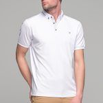 Πόλο ανδρικό μπλουζάκι λευκό MS με κοντό μανίκι και σχέδιο στο γιακά – Slim Fit