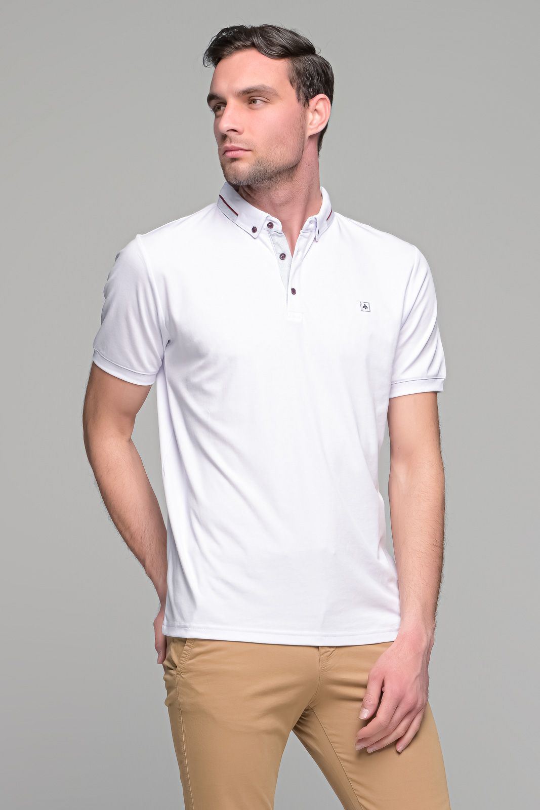 Πόλο ανδρικό μπλουζάκι λευκό MS με κοντό μανίκι και σχέδιο στο γιακά – Slim Fit