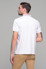 Πόλο ανδρικό μπλουζάκι λευκό MS με κοντό μανίκι και σχέδιο στο γιακά – Slim Fit