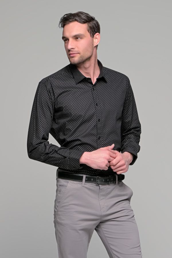 Μαύρο ανδρικό πουκάμισο με γκρι print Slim Fit ιδανικό για δώρο φθηνό
