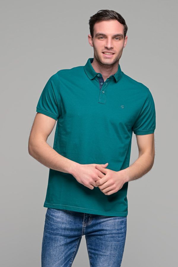 Ανδρικό πράσινο πετρόλ πόλο μπλουζάκι SW με μπλε πατιλέτα- Slim Fit