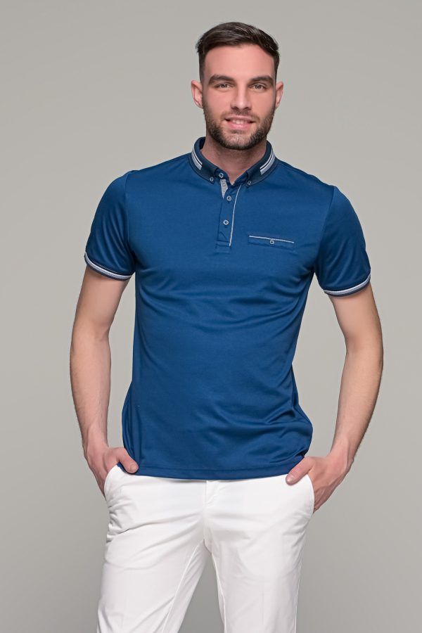 Πόλο ανδρικό μπλουζάκι μπλε MS με κοντό μανίκι και σχέδιο στο γιακά – Slim Fit