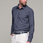 Μπλε ανδρικό πουκάμισο με γκρι print μικροσχέδιο– Slim Fit