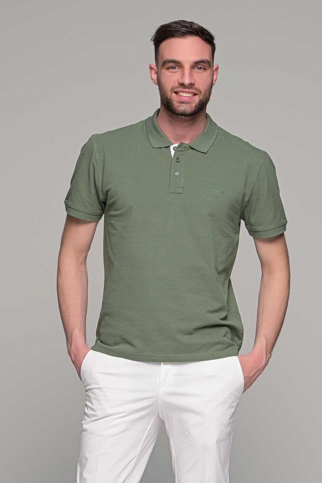 Πράσινο χακί ανδρικό πόλο μπλουζάκι MASSARO με λευκή πατιλέτα - Regular fit