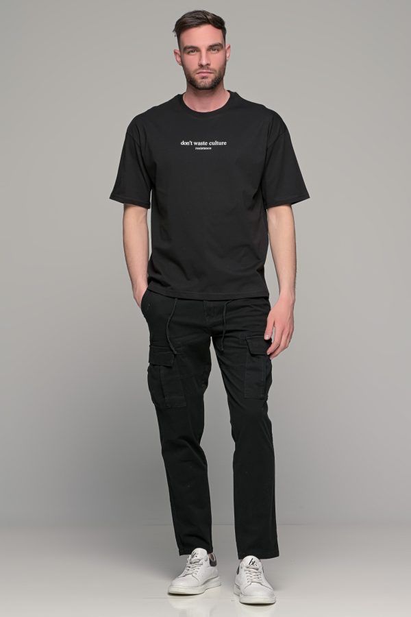 Oversized ανδρικό t-shirt μαύρο με στάμπα "Don't waste culture"