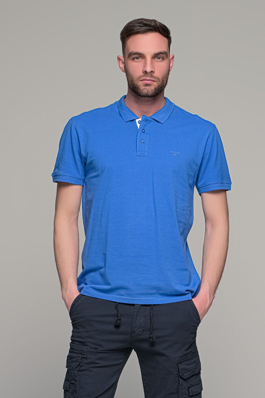 Μπλε ραφ ανδρικό πόλο μπλουζάκι MASSARO με λευκή πατιλέτα - Regular fit