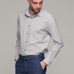 Λευκό ανδρικό πουκάμισο με γκρι-μπλε print μικροσχέδιο– Slim Fit