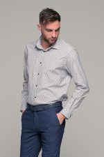 Λευκό ανδρικό πουκάμισο με γκρι-μπλε print μικροσχέδιο– Slim Fit