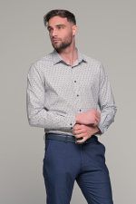 Λευκό ανδρικό πουκάμισο με γκρι-μπλε print μικροσχέδιο– Slim Fit - Image 4