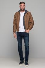 Κάμελ ανδρικό μπουφάν δερματίνη τύπου suede με αφαιρούμενο γιλέκο-κουκούλα - slim fit - Image 8