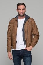 Κάμελ ανδρικό μπουφάν δερματίνη τύπου suede με αφαιρούμενο γιλέκο-κουκούλα - slim fit - Image 3