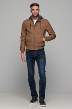 Κάμελ ανδρικό μπουφάν δερματίνη τύπου suede με αφαιρούμενο γιλέκο-κουκούλα - slim fit - Image 7