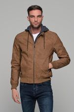 Κάμελ ανδρικό μπουφάν δερματίνη τύπου suede με αφαιρούμενο γιλέκο-κουκούλα - slim fit