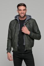 Χακί ανδρικό μπουφάν δερματίνη τύπου suede με αφαιρούμενο γιλέκο-κουκούλα - slim fit - Image 3