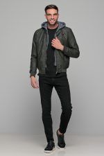 Χακί ανδρικό μπουφάν δερματίνη τύπου suede με αφαιρούμενο γιλέκο-κουκούλα - slim fit - Image 10