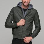 Χακί ανδρικό μπουφάν δερματίνη τύπου suede με αφαιρούμενο γιλέκο-κουκούλα - slim fit