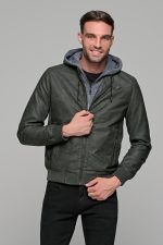 Χακί ανδρικό μπουφάν δερματίνη τύπου suede με αφαιρούμενο γιλέκο-κουκούλα - slim fit