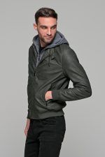 Χακί ανδρικό μπουφάν δερματίνη τύπου suede με αφαιρούμενο γιλέκο-κουκούλα - slim fit - Image 5