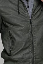 Χακί ανδρικό μπουφάν δερματίνη τύπου suede με αφαιρούμενο γιλέκο-κουκούλα - slim fit - Image 2
