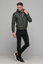 Χακί ανδρικό μπουφάν δερματίνη τύπου suede με αφαιρούμενο γιλέκο-κουκούλα - slim fit - Image 8