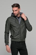 Χακί ανδρικό μπουφάν δερματίνη τύπου suede με αφαιρούμενο γιλέκο-κουκούλα - slim fit - Image 4