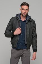 Γκρι ανδρικό μπουφάν δερματίνη τύπου suede με αφαιρούμενο γιλέκο-κουκούλα - slim fit - Image 3