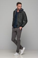 Γκρι ανδρικό μπουφάν δερματίνη τύπου suede με αφαιρούμενο γιλέκο-κουκούλα - slim fit - Image 7