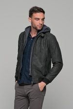 Γκρι ανδρικό μπουφάν δερματίνη τύπου suede με αφαιρούμενο γιλέκο-κουκούλα - slim fit