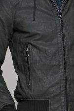 Γκρι ανδρικό μπουφάν δερματίνη τύπου suede με αφαιρούμενο γιλέκο-κουκούλα - slim fit - Image 2