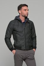 Γκρι ανδρικό μπουφάν δερματίνη τύπου suede με αφαιρούμενο γιλέκο-κουκούλα - slim fit - Image 4