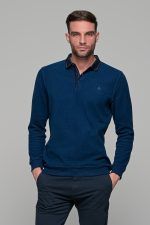 Μπλε ανδρική μακρυμάνικη βελουτέ μπλούζα πόλο MS με κουμπιά - Image 3