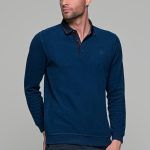 Μπλε ανδρική μακρυμάνικη βελουτέ μπλούζα πόλο MS με κουμπιά