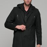 Ανδρικό μαύρο ημίπαλτο μάλλινο με αποσπώμενη κουκούλα - Regular fit