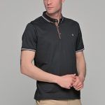 Μαύρο πόλο ανδρικό μπλουζάκι  MS με κοντό μανίκι και καφέ λεπτομέρειες – Slim Fit