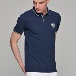 Μπλε πόλο ανδρικό μπλουζάκι  MS με κοντό μανίκι και σχέδιο στο στήθος – Slim Fit