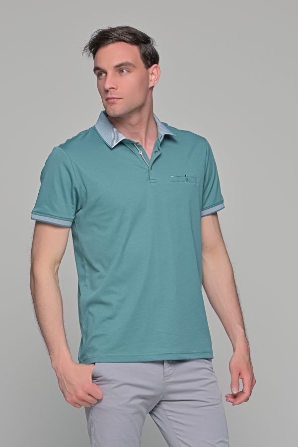 Πράσινο πόλο ανδρικό μπλουζάκι  MS με κοντό μανίκι και τσέπη στο στήθος – Slim Fit
