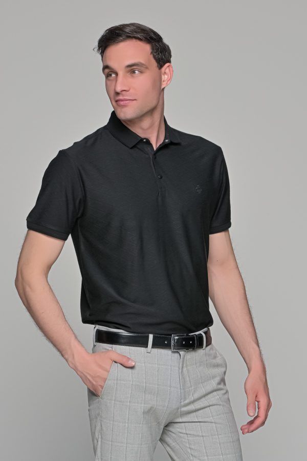Ανδρικό πόλο μπλουζάκι μαύρο SW με σχέδιο στην ύφανση – Slim Fit
