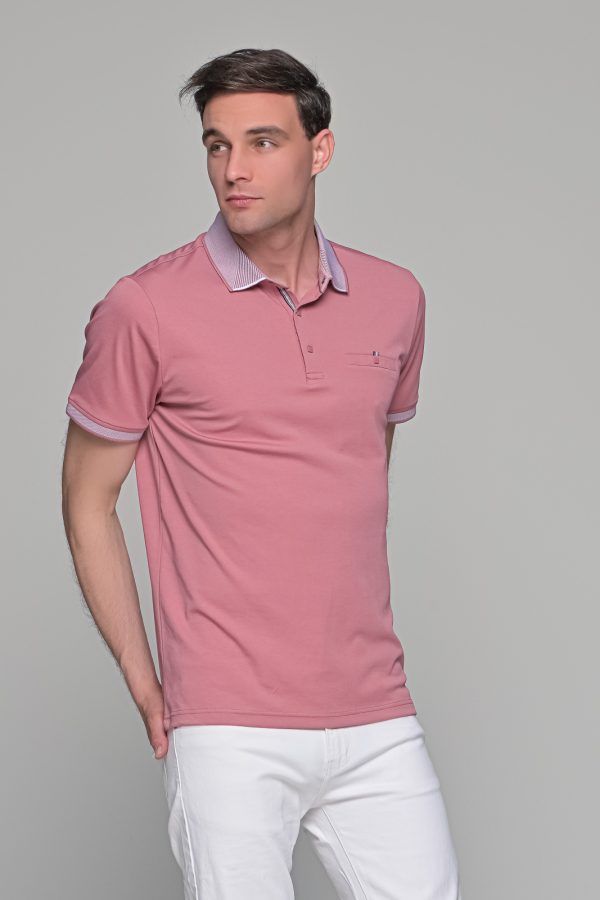 Ροζ πόλο ανδρικό μπλουζάκι  MS με κοντό μανίκι και τσέπη στο στήθος – Slim Fit