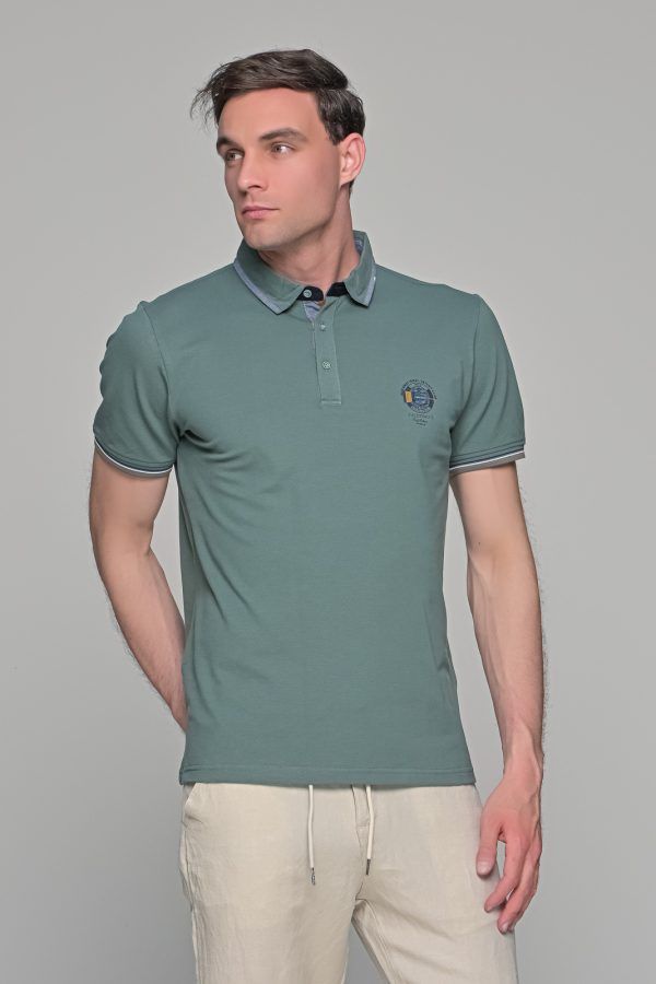 Χακί πόλο ανδρικό μπλουζάκι  MS με κοντό μανίκι και σχέδιο στο στήθος – Slim Fit