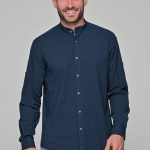 Λινό ανδρικό πουκάμισο μπλε με μάο γιακά - Slim Fit