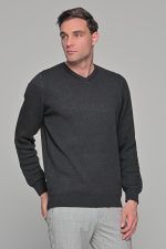 Βαμβακερό Ανδρικό Πουλόβερ με Βε σε Γκρι-Ανθρακί Χρώμα - Image 5