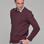 Βαμβακερό Ανδρικό Πουλόβερ με Βε σε Μπορντό Χρώμα